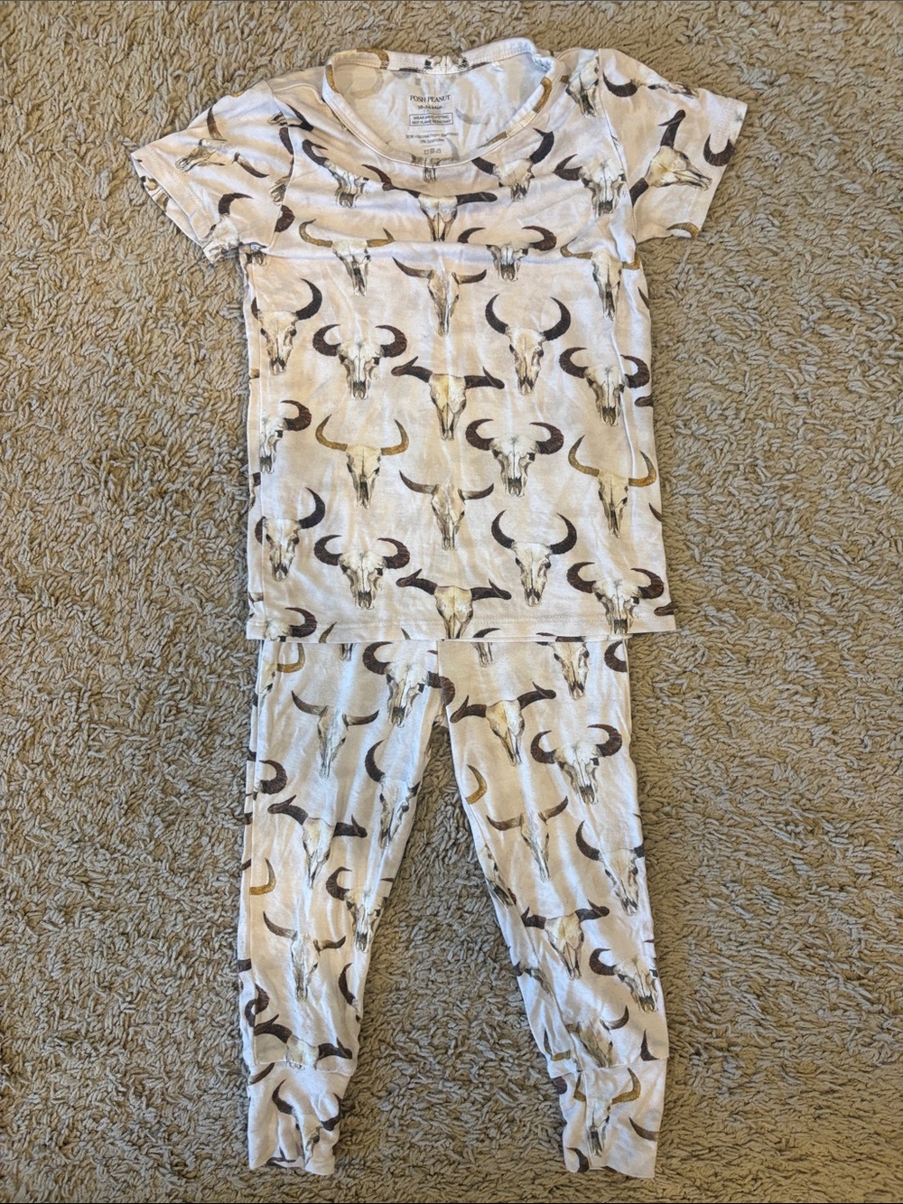 Posh Peanut White & Brown Bull & Horn Kids Pajama Set. Size 18-24 mos. Like New.